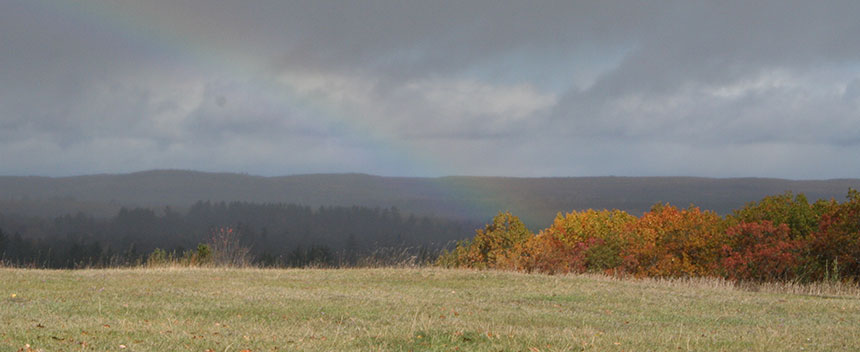 rainbow on hillside with fall color