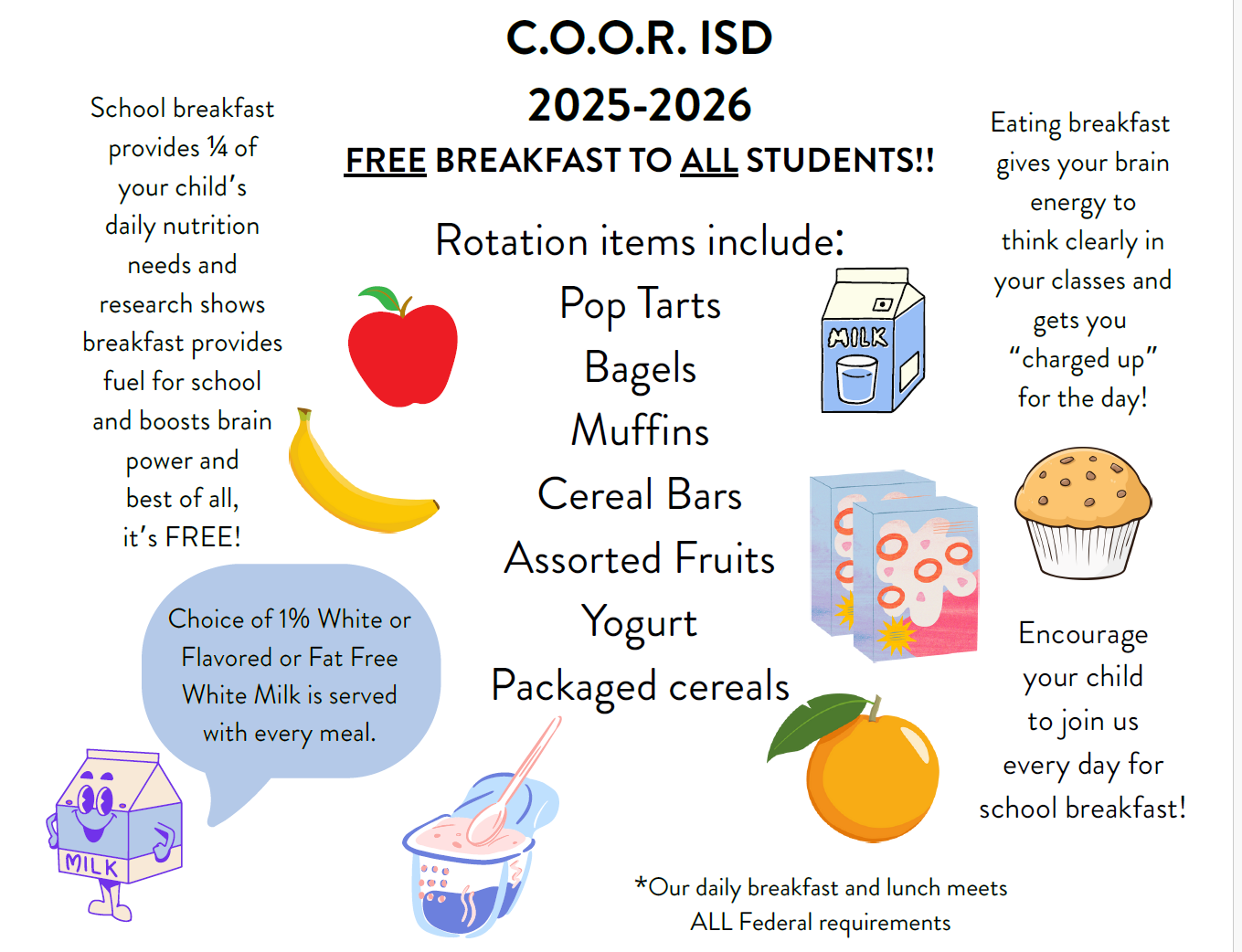 C.O.O.R. ISD 2025-2026 FREE BREAKFAST TO ALL STUDENTS!! School breakfast provides ¼ of your child’s daily nutrition needs and research shows breakfast provides fuel for school and boosts brain power and best of all, it’s FREE! Choice of 1% White or Flavored or Fat Free White Milk is served with every meal. *Our daily breakfast and lunch meets ALL Federal requirements Encourage your child to join us every day for school breakfast! Eating breakfast gives your brain energy to think clearly in your classes and gets you “charged up” for the day! Rotation items include: Pop Tarts Bagels Muffins Cereal Bars Assorted Fruits Yogurt Packaged cereals